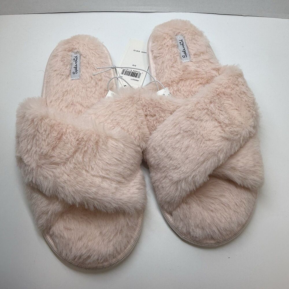 Splendid Crisscross Pink Fuzzy Slip On Slippers Sz S/M New